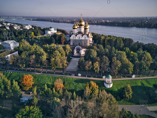 Aerial view of Assumption Cathedral by Volga River in city against sky- Yaroslavl- Russia