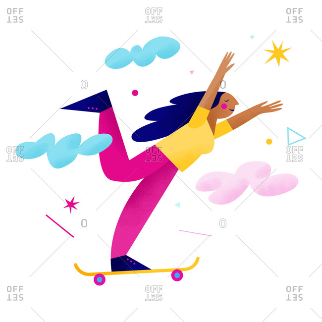 A young happy woman riding skateboard among stars
