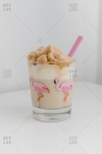 Dalgona coffee in flamingo glass