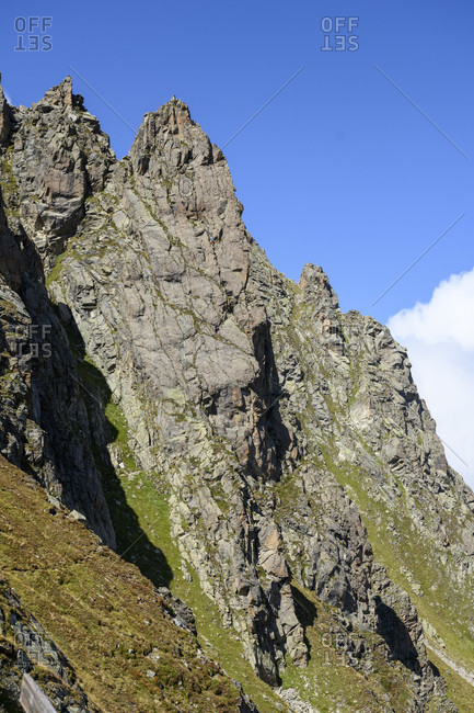 Austria, montafon, rock face with 2 climbers at the Saarbrucken hutte.