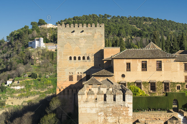 Spain, granada, alhambra, alcazaba, view of the patio de machuca / mexuar