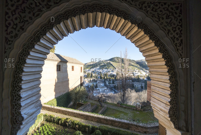 Granada (spain), alhambra, palacios nazaries, sala de los reyes, hall of the kings, window, view