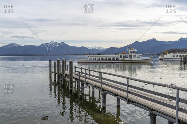 February 17, 2020: europe, Germany, bavaria, rosenheim, prien am chiemsee, chiemsee, incoming excursion boat in at the boat dock in prien am chiemsee