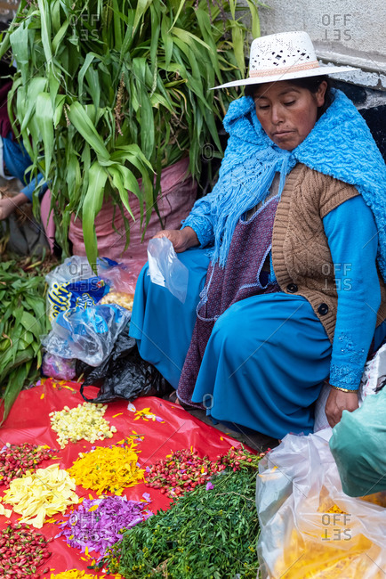 February 24, 2020: Woman wearing traditional clothes and selling petals on the street. Potosi, Bolivia