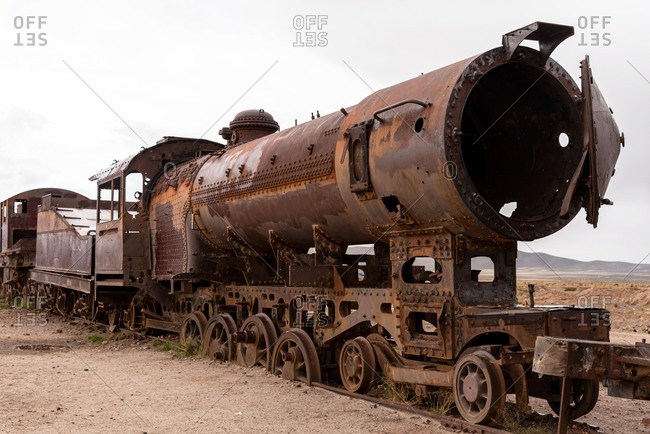 Old rusty locomotive abandoned in a train cemetery. Uyuni, Bolivia