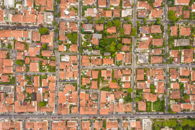 Aerial view of dense town in Viareggio, Italy.