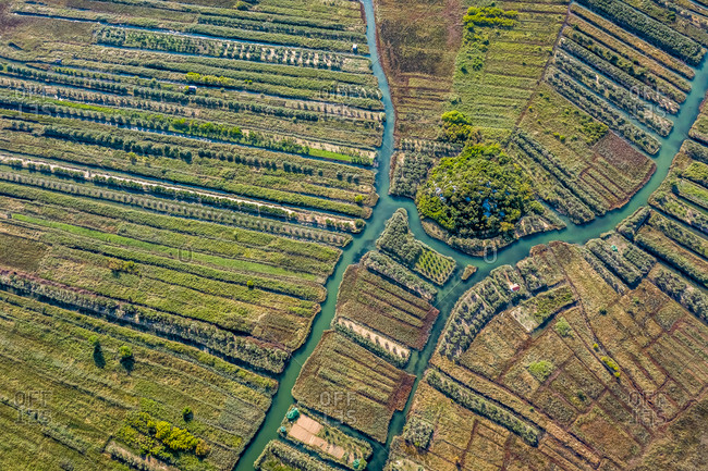 Aerial view of Neretva river estuary in south Dalmatia, Croatia.