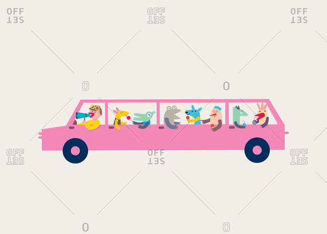 Pink car filled with animals having snacks and drinks
