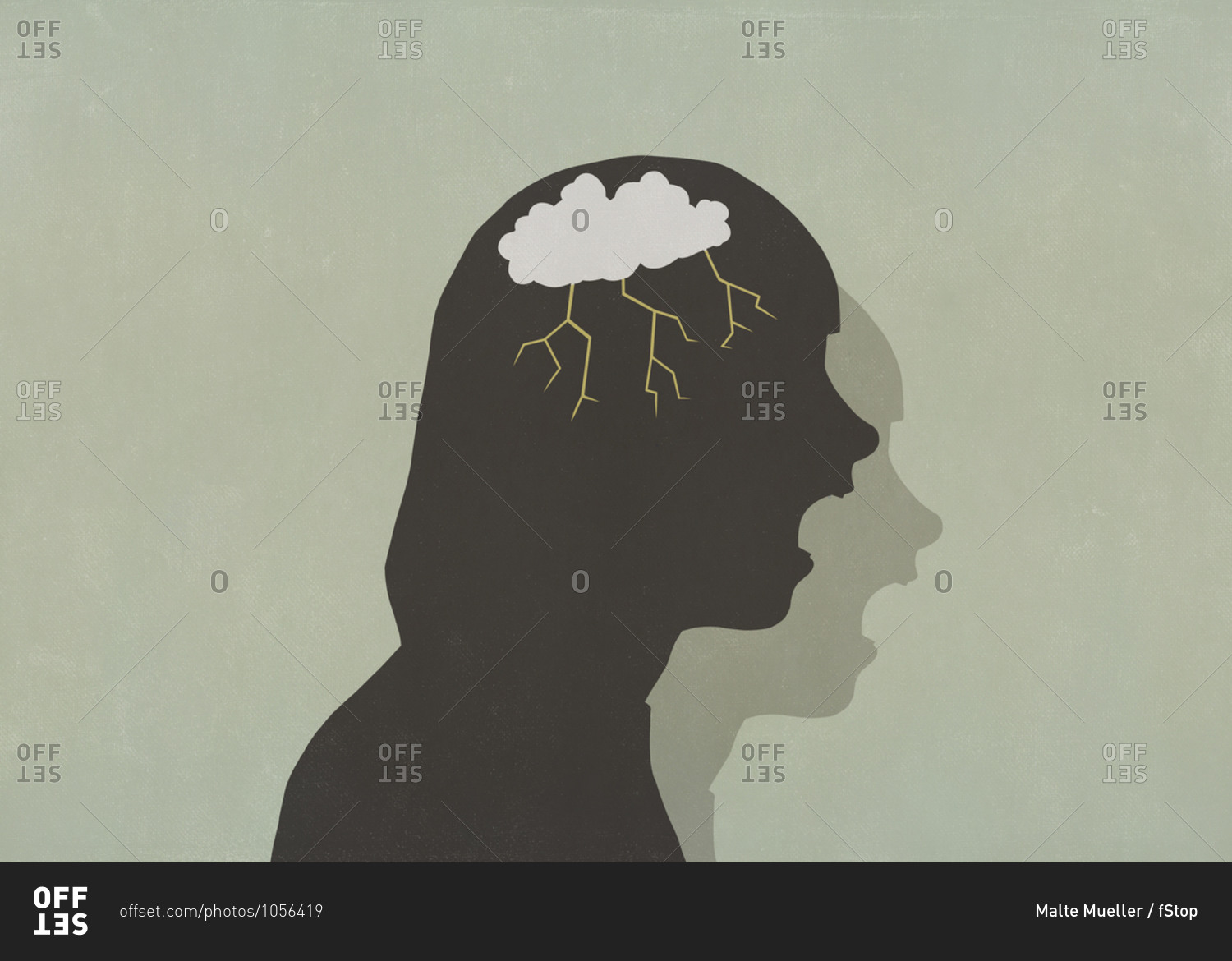 Profile silhouette screaming woman with storm cloud in head