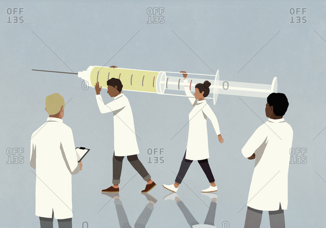 Doctors carrying large COVID vaccine syringe