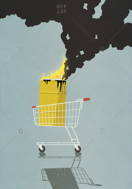Oil barrel in shopping basket burning on fire