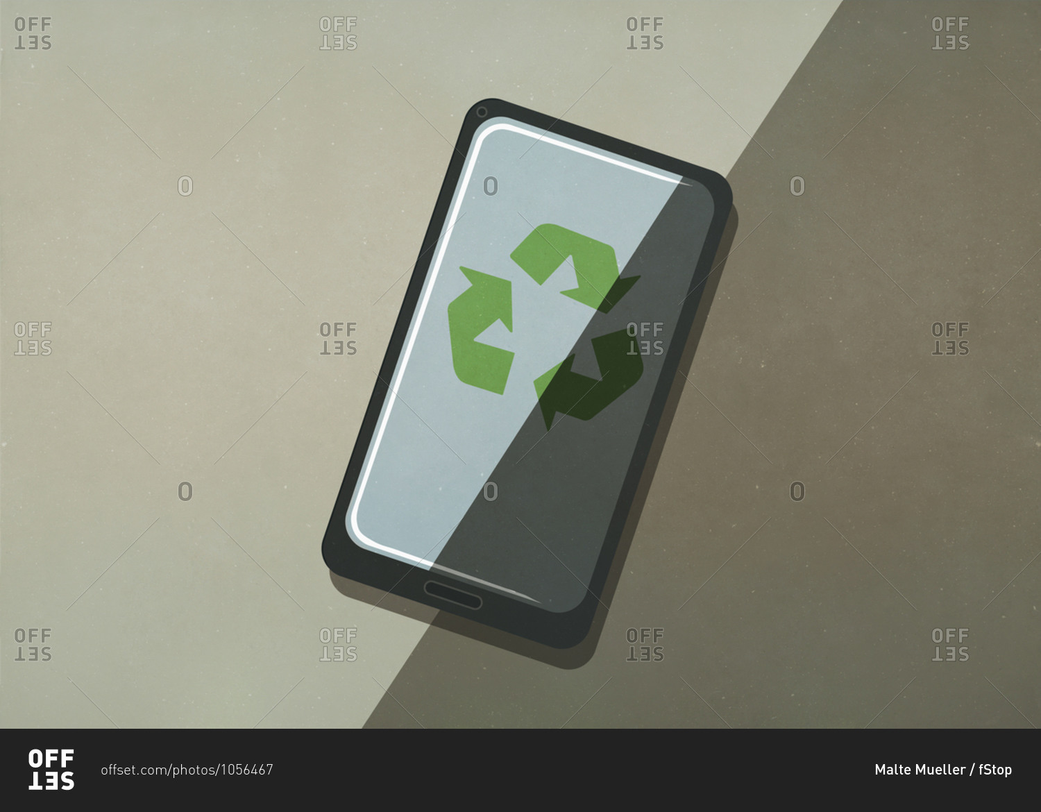 Green recycling symbol on smart phone screen