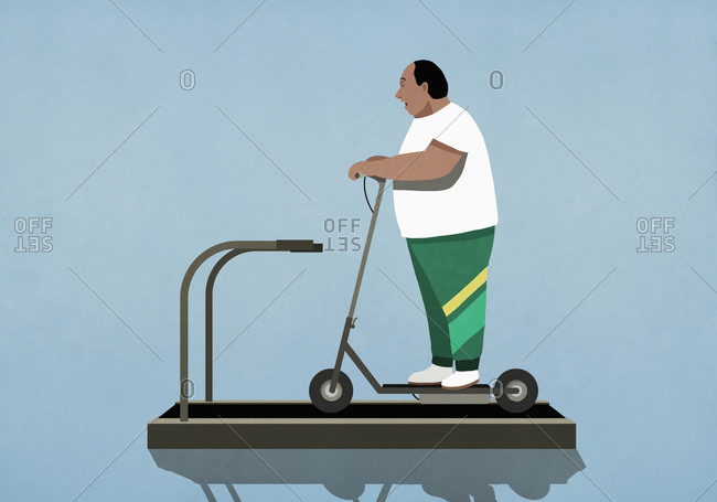 Overweight man riding electric scooter on treadmill