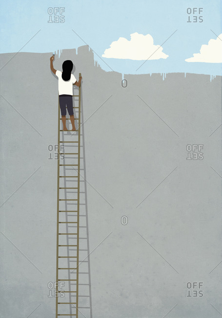 Woman on ladder painting blue sky over gray wall