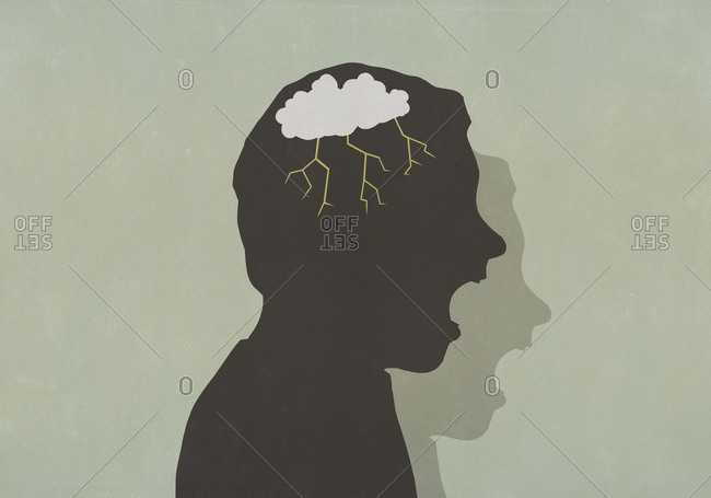 Silhouette angry man with storm cloud in head screaming