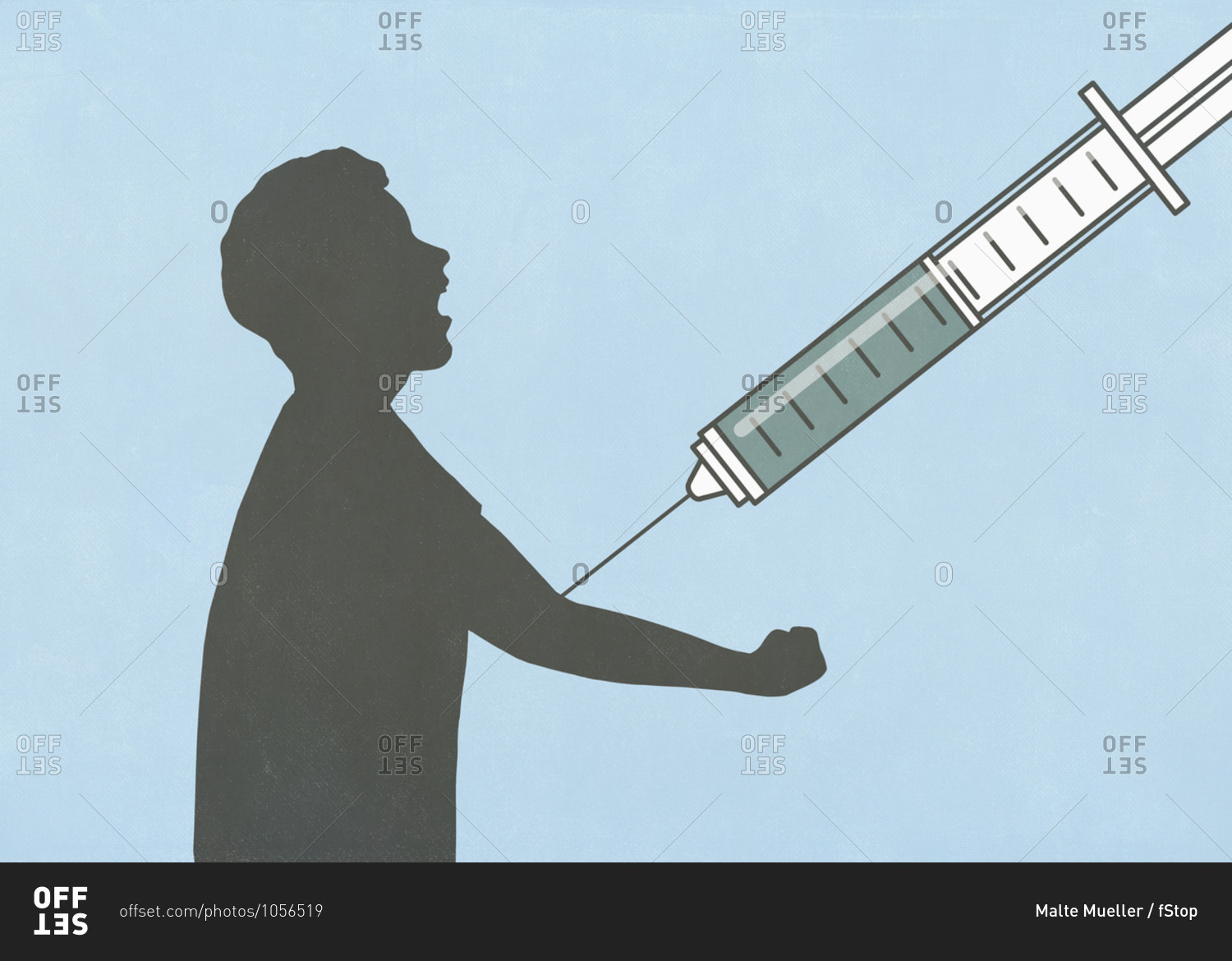 Large vaccination syringe injecting arm of screaming man stock photo