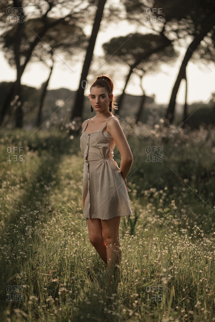 Peaceful female wearing summer dress standing on lawn in park in iceland and tenderly looking at camera