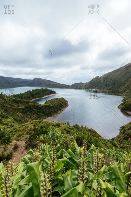 Azores islands lake and mountain landscape