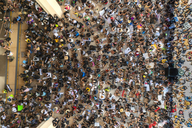 Honolulu, HI, United States - July 1, 2019: Aerial view of Black Lives Matter Protestors at Hawaii State Capitol