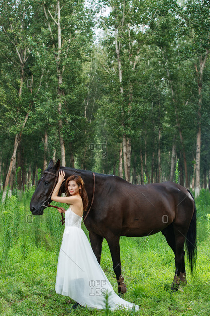 The dress beautiful women the horse on the grass