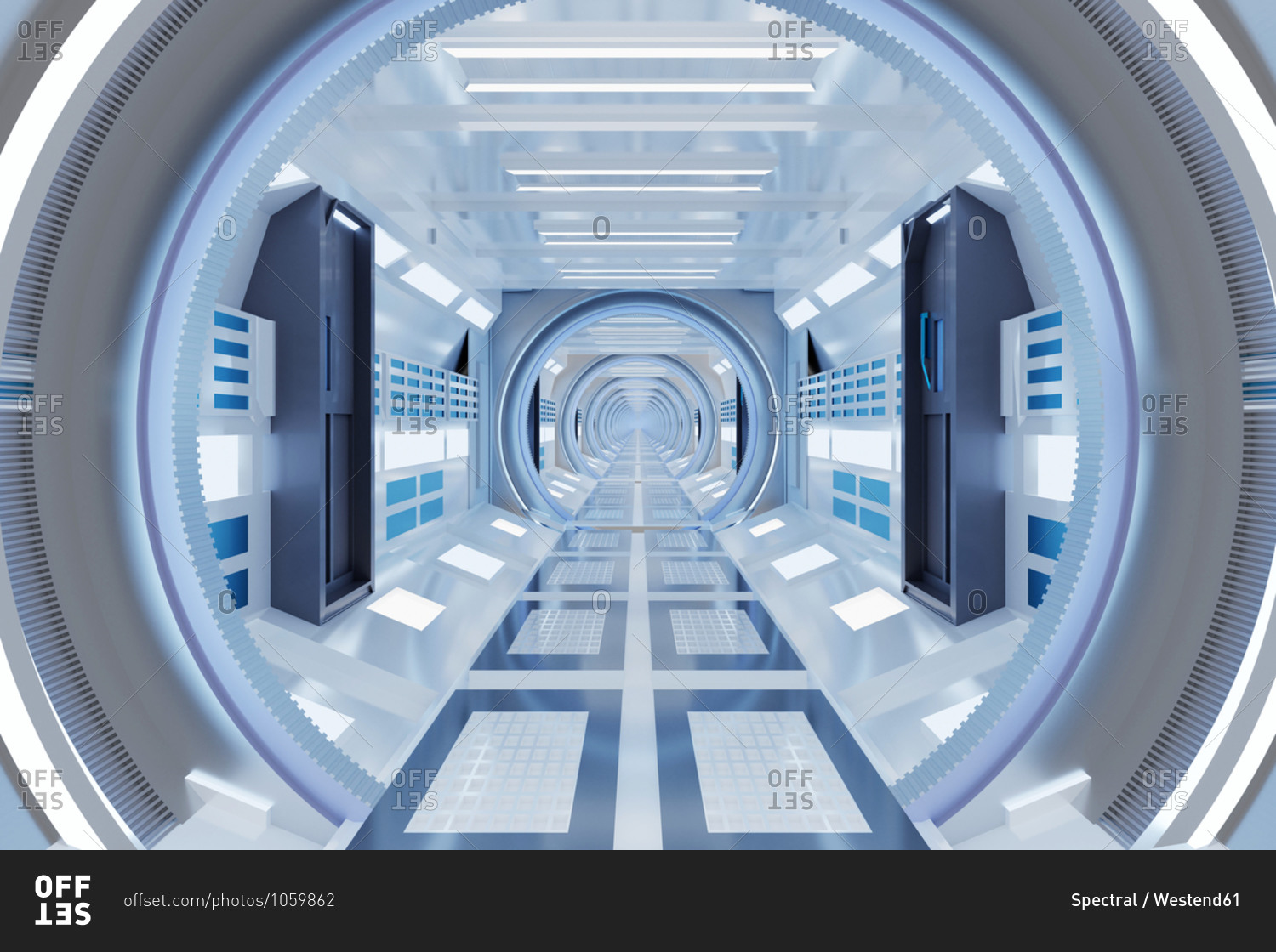 3D rendered Illustration of illuminated futuristic spaceship\
corridor stock photo - OFFSET