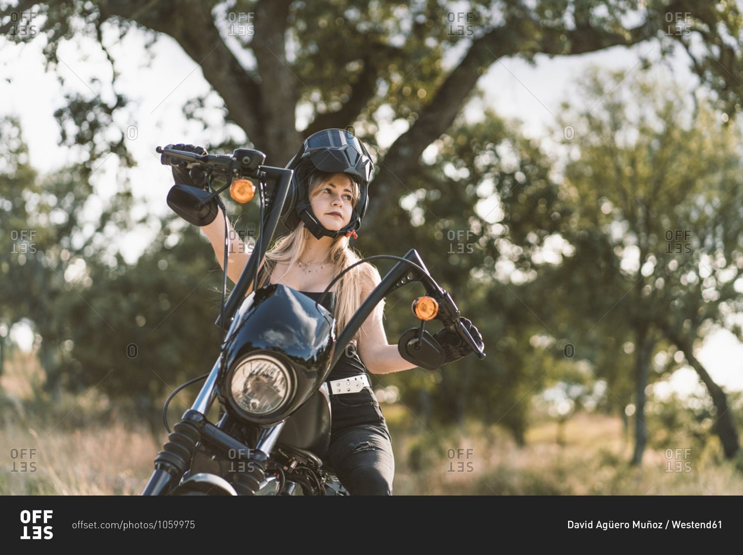 Beautiful woman wearing crash helmet while sitting on motorcycle against tree