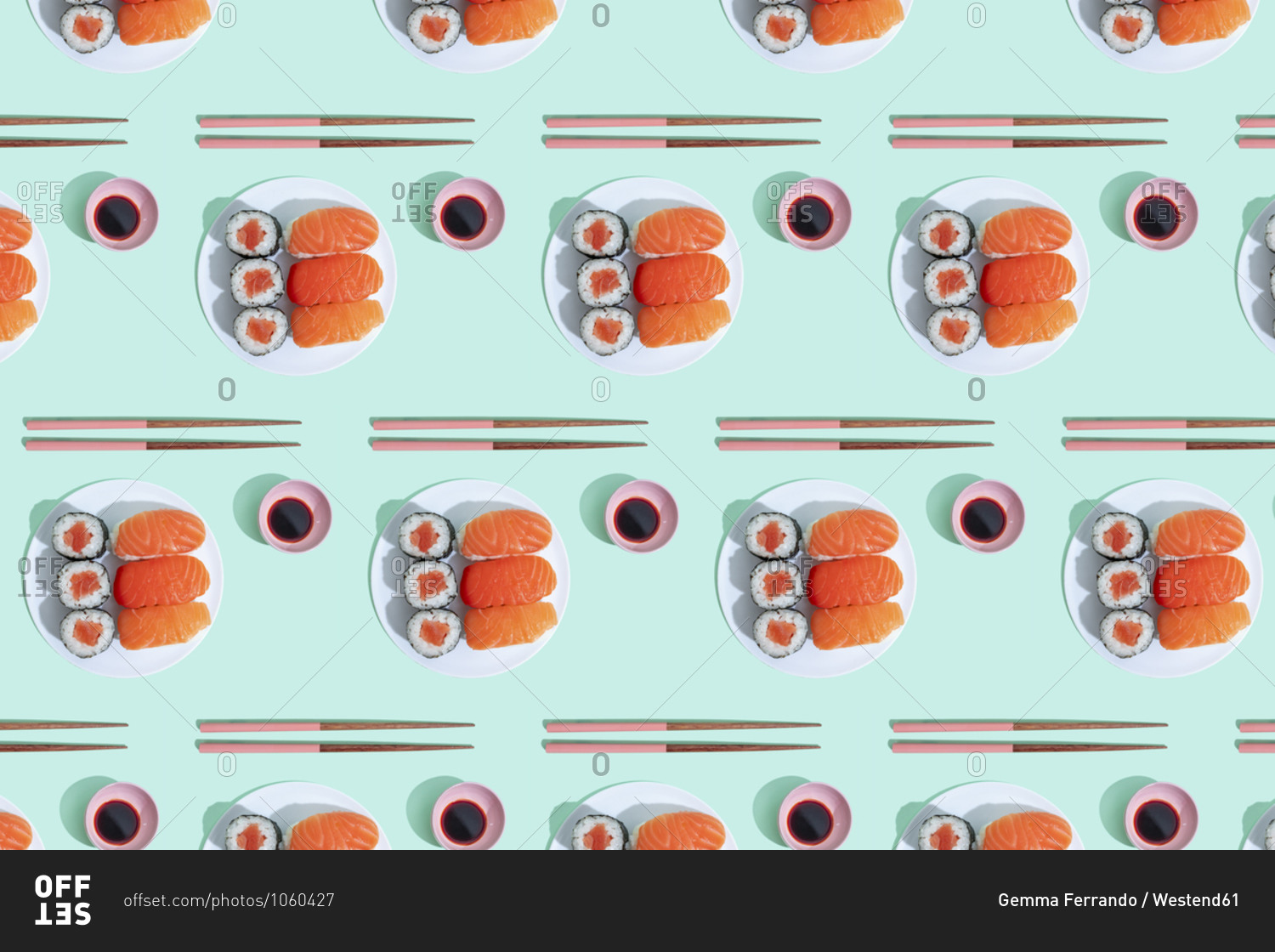 Pattern of plates of sushi against green background