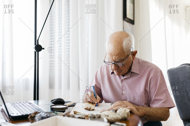 Senior man writing in book while sitting with minerals and fossils at table