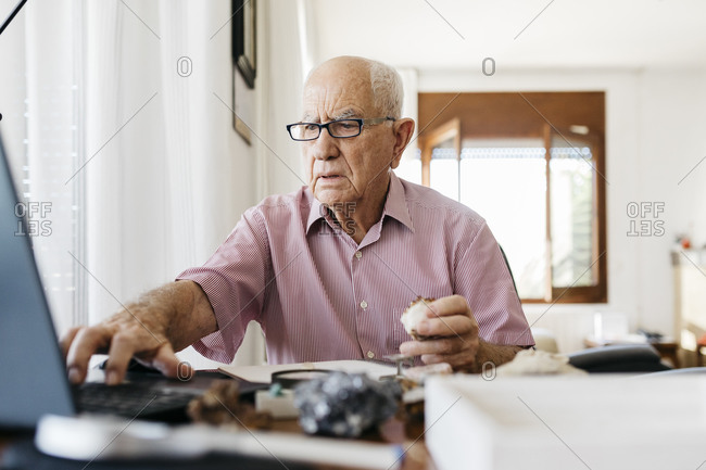 Retired elderly man using laptop while doing research on fossils and minerals at home