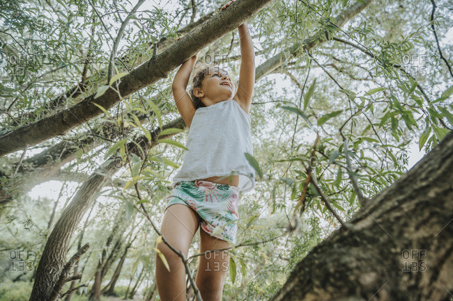 Low angle view of cute little girl hanging on willow tree