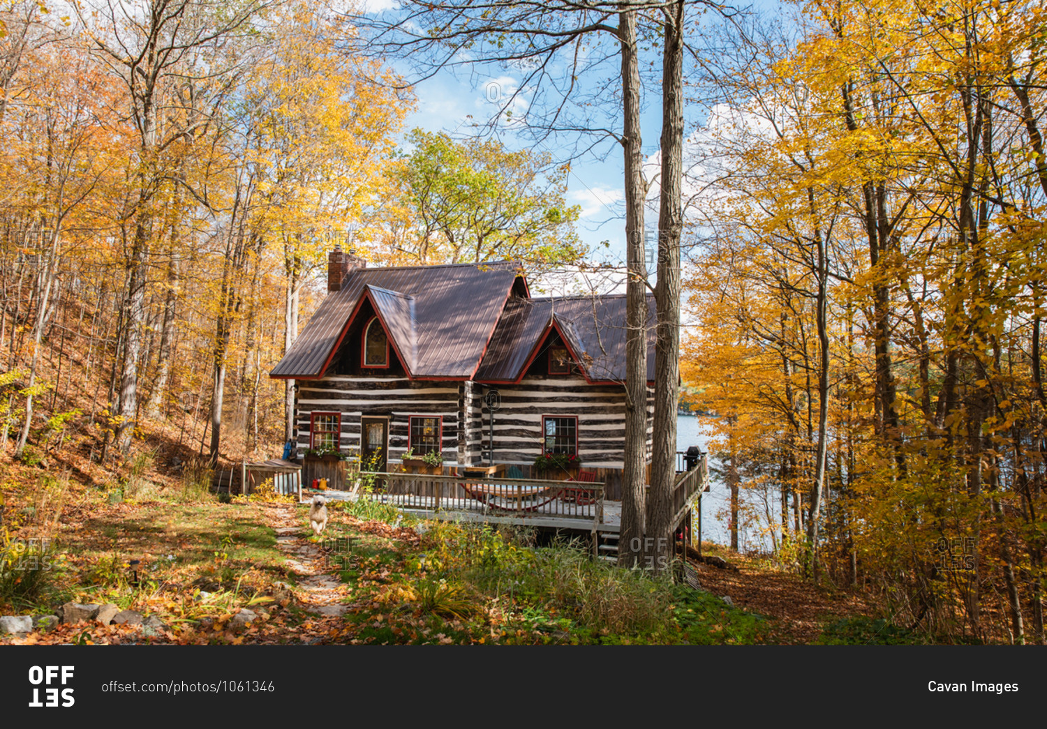 Log cabin cottage in the woods in Ontario, Canada on a fall day.