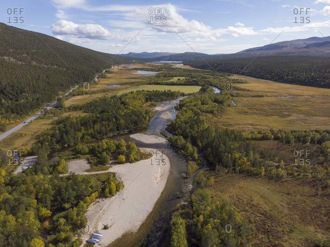 Aerial view of a river bed winding through the Norwegian landscape