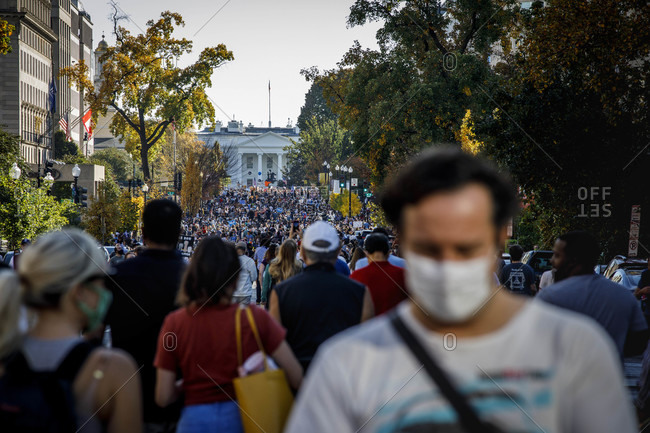 Washington, DC, United States - November 7, 2020: Biden supporters celebrate outside the White House on Nov. 7.