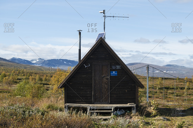 Kvikkjokk, Norrbotten County, Sweden - September 8, 2019: Tsielekjakkstugan shelter along middle section Kungsleden trail, Lapland, Sweden