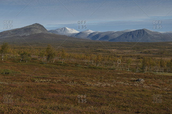 Dusting of autumn snow on distant mountains from Kungsleden trail, Lapland, Sweden