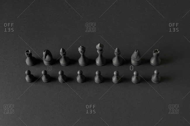 Set from black chess figures lined up for the game.