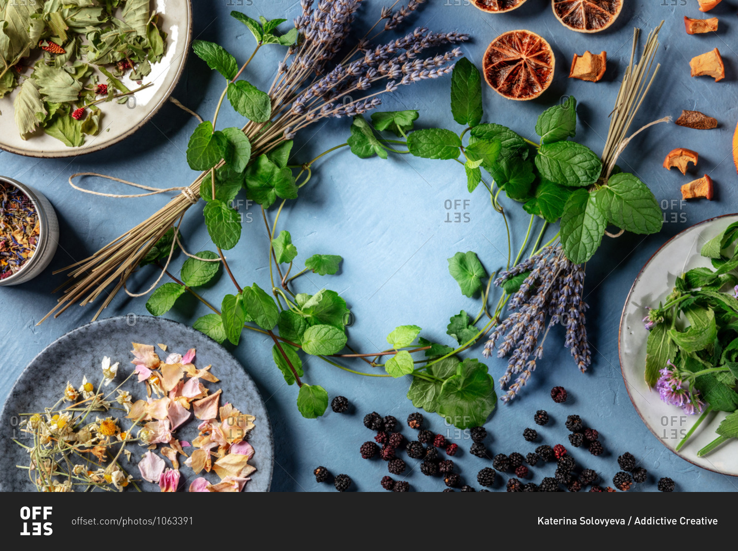 Herbal tea design template with copy space. An assortment of natural, organic, and healthy ingredients, forming a frame, overhead shot