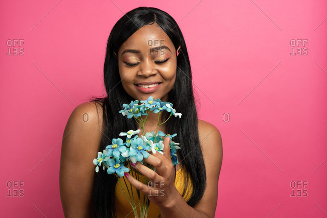 Happy young African American female with long dark hair enjoying smell of delicate flowers against pink background