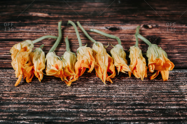 Top view of heap of colorful blossoming zucchini flowers with spiky edges on rustic surface