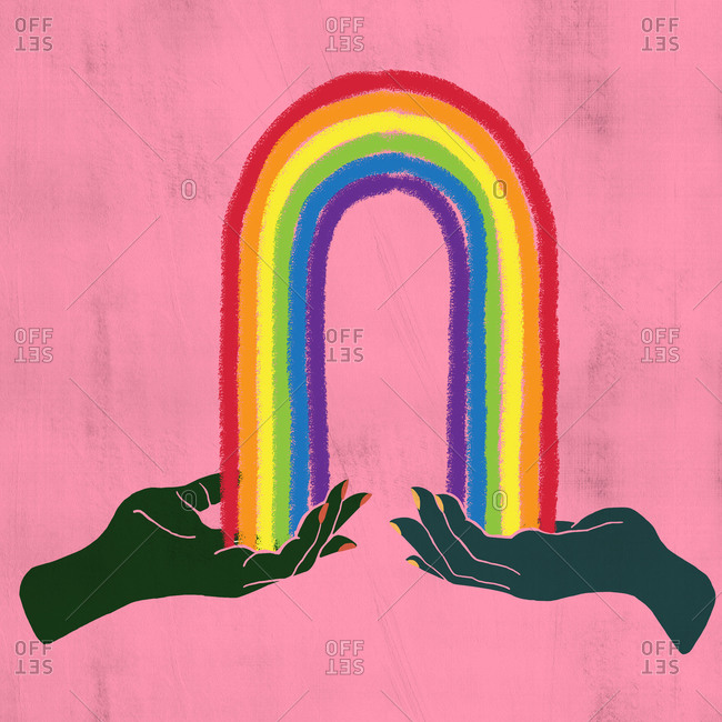 Two hands connected by a rainbow