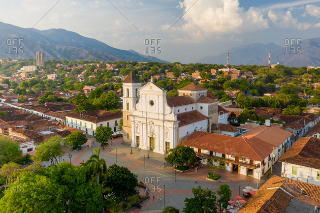 Aerial view of the church of Santa Fe de Antioquia with a mountain in the background, Antioquia, Colombia