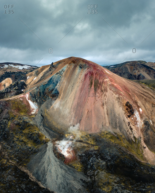 Aerial panoramic view of volcanic Icelandic landscape, Iceland.