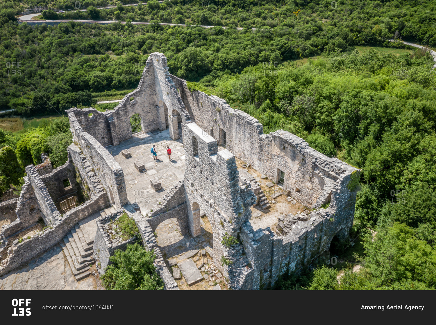 Aerial view of two tourists at Dvigrad ruins in Kanfanar, Croatia