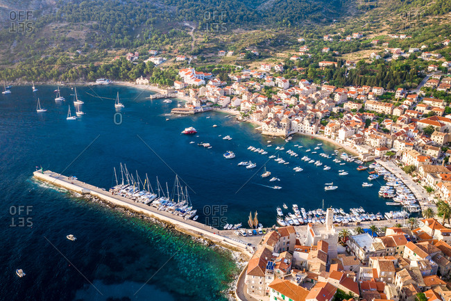 Aerial view of yachts on the shore of the bay in Komiza, Croatia