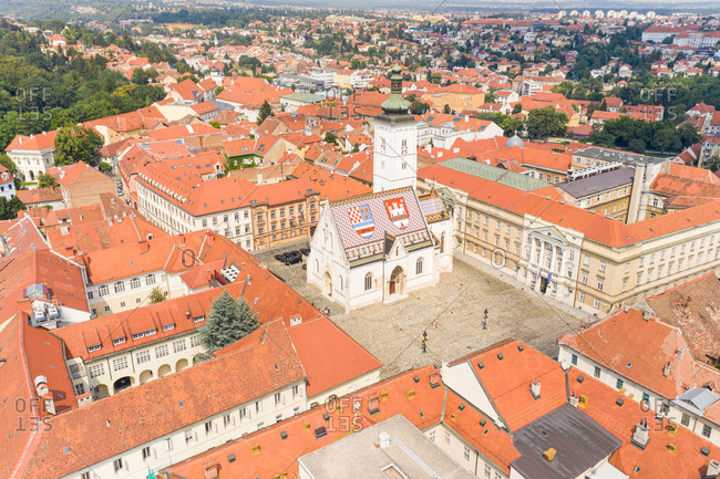 Aerial view of the Church of Saint Marko, Zagreb, Croatia.