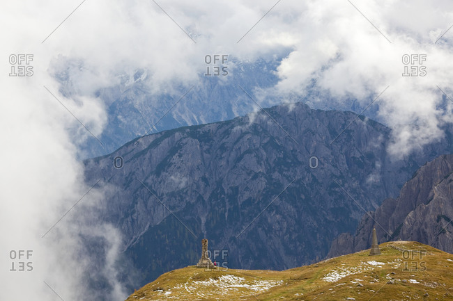 Walkers and monuments, Trentino-Alto Adige, South Tyrol in Bolzano district, Alta Pusteria,  Dolomites, Italy