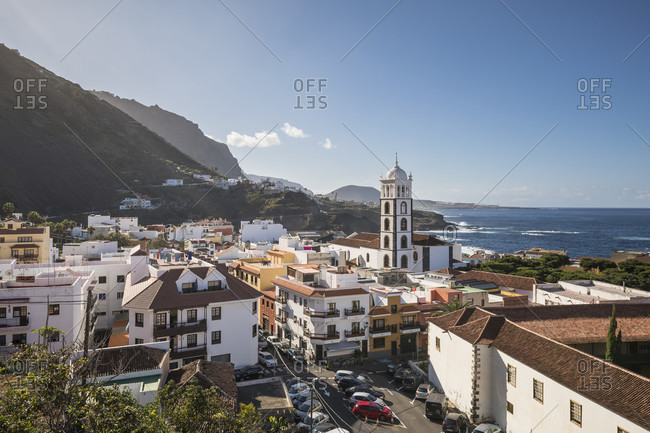 January 24, 2020: View over Garachico with the Santa Ana church, Tenerife, Canary Islands, Spain