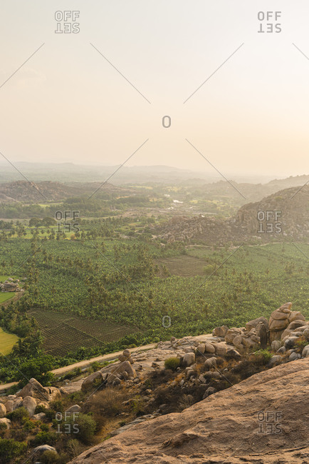 View from Monkey Temple overlooking rice fields and palm trees at dusk in Hampi Island, India, Karnataka