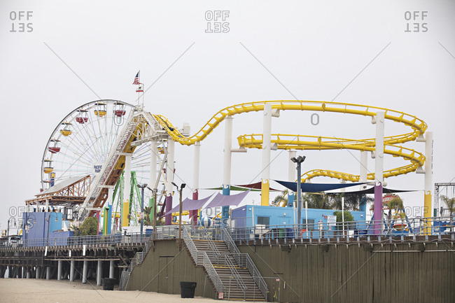 Santa Monica, California - July 22, 2020: Empty amusement park and rides at the Santa Monica Pier during the Covid-19 pandemic
