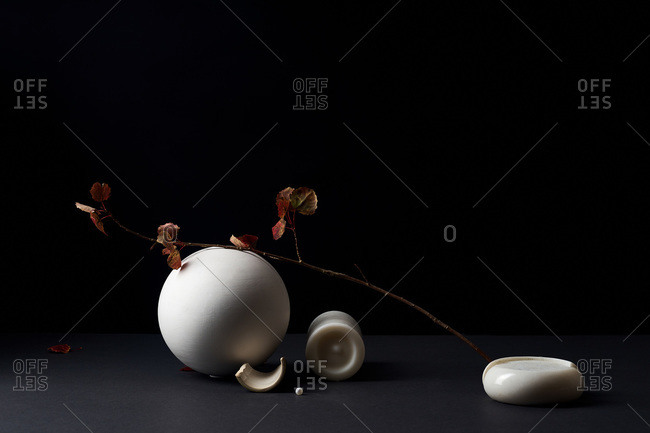 Still life with white sphere, dried plant and white objects on dark background